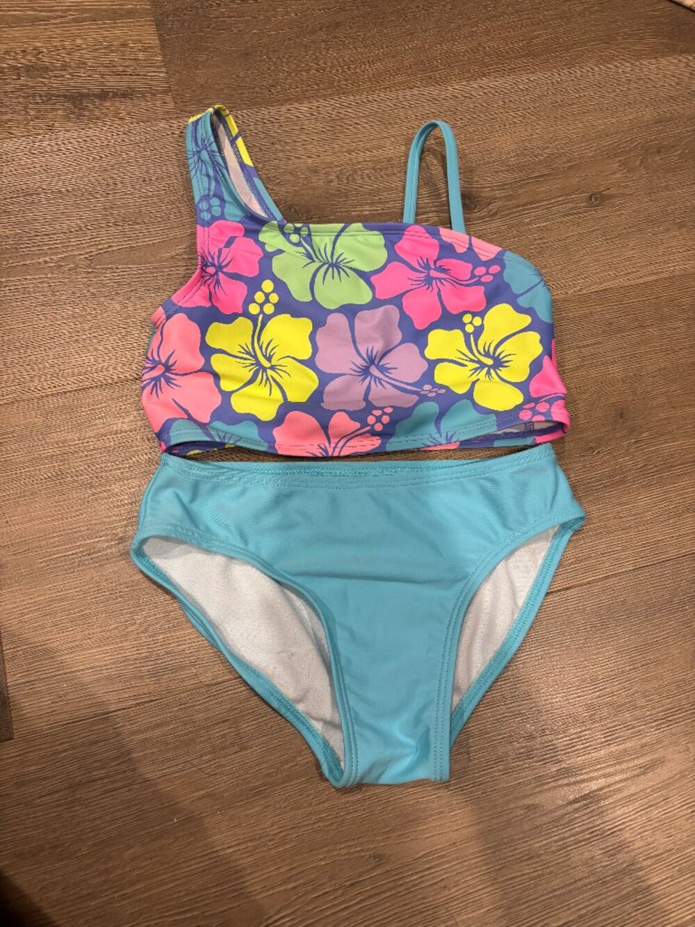 O'rageous 2-piece swimsuit girls size 7 floral blue pink purple summer swim